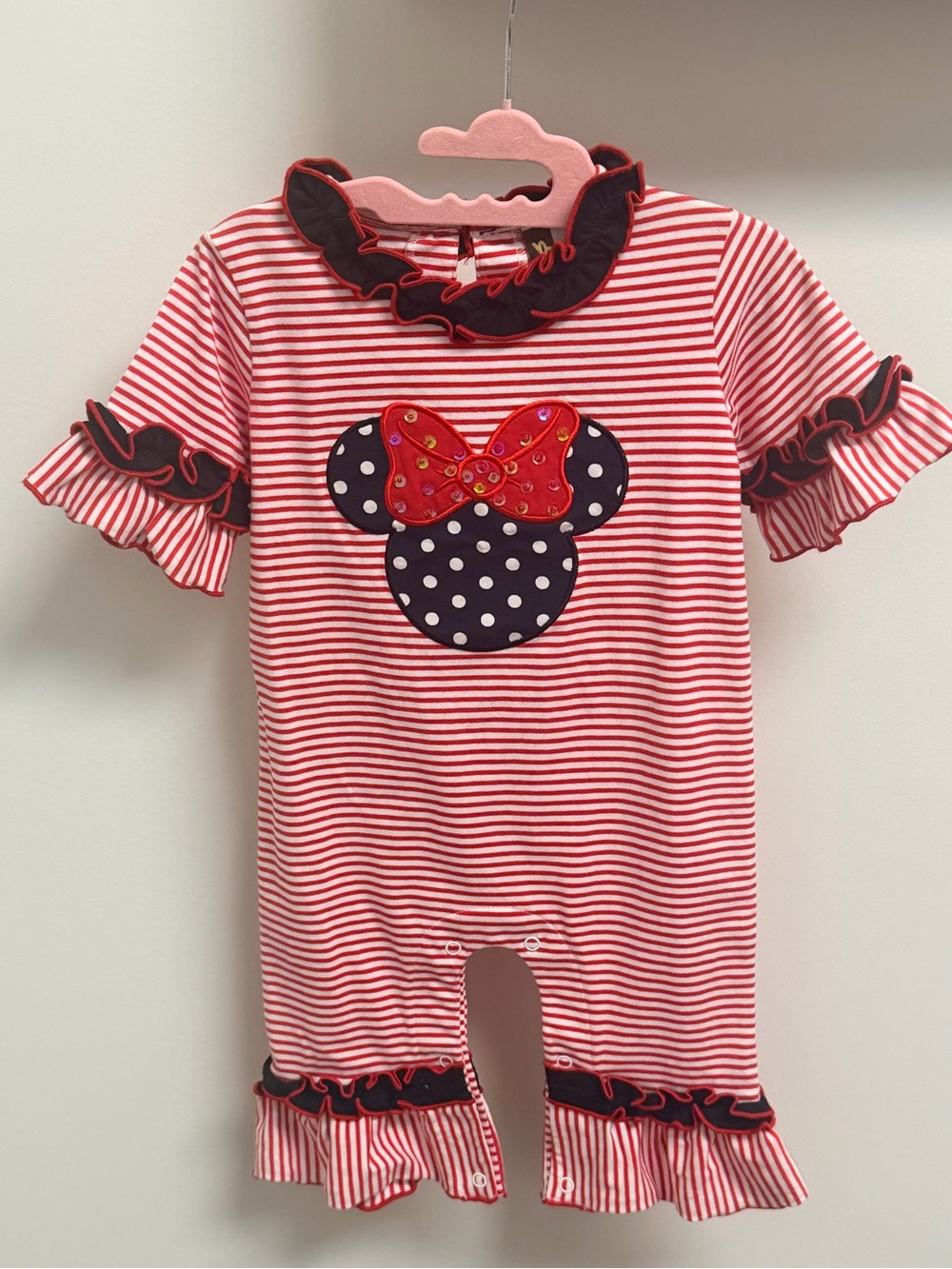 Minnie Mouse Red & White Striped Ruffle Footed One-Piece